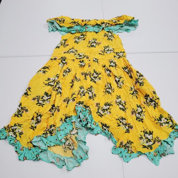 Matilda Jane Dress Women Small Yellow Floral Off Shoulder Ruffle Hem Aqua Boho - Picture 2 of 8
